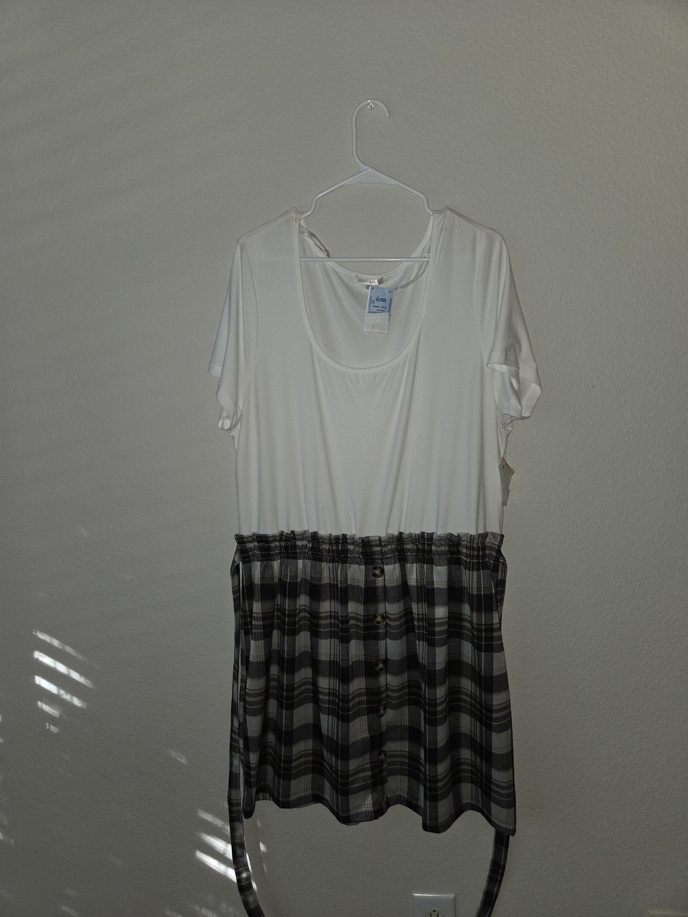 Two-Tone Short Sleeve Dress with Plaid Skirt